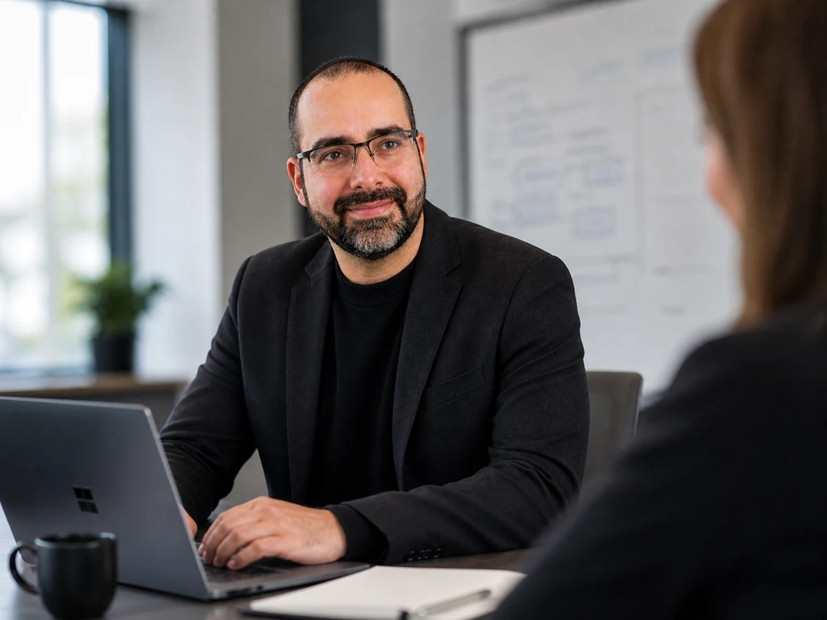 Rafael Alba discussing an IT issue in a meeting